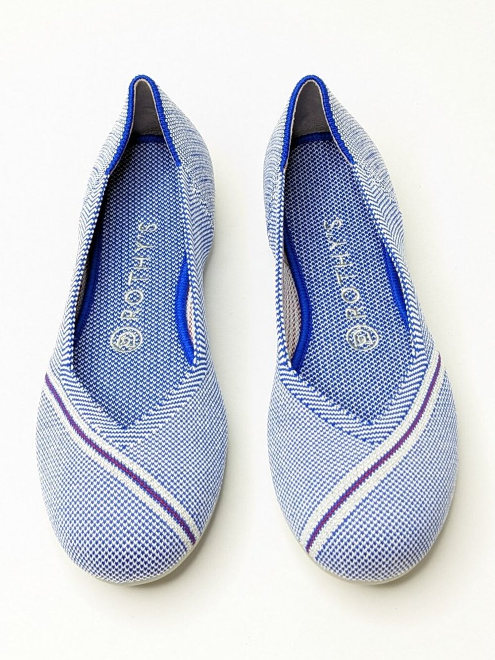 Rothy's Blue and White Knit Slip-On Flats with Purple Stripe